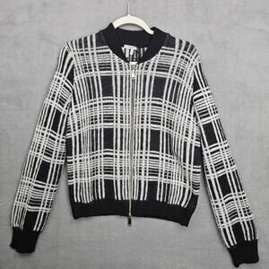 Marella Plaid Knited Zip Cardigan Sweater Black White Wool Blend Sz L NWT Luxury